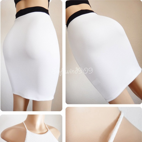 White Black High Neck Cutout Midi Bodycon Dress - Picture 6 of 8